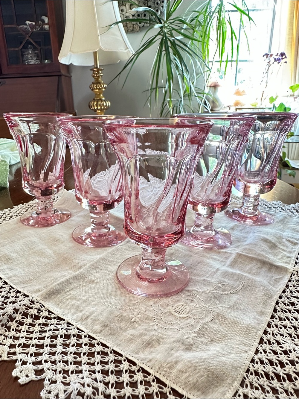Pink Pressed Glass Footed Tumblers Goblets Swirl Pattern Set of 5
